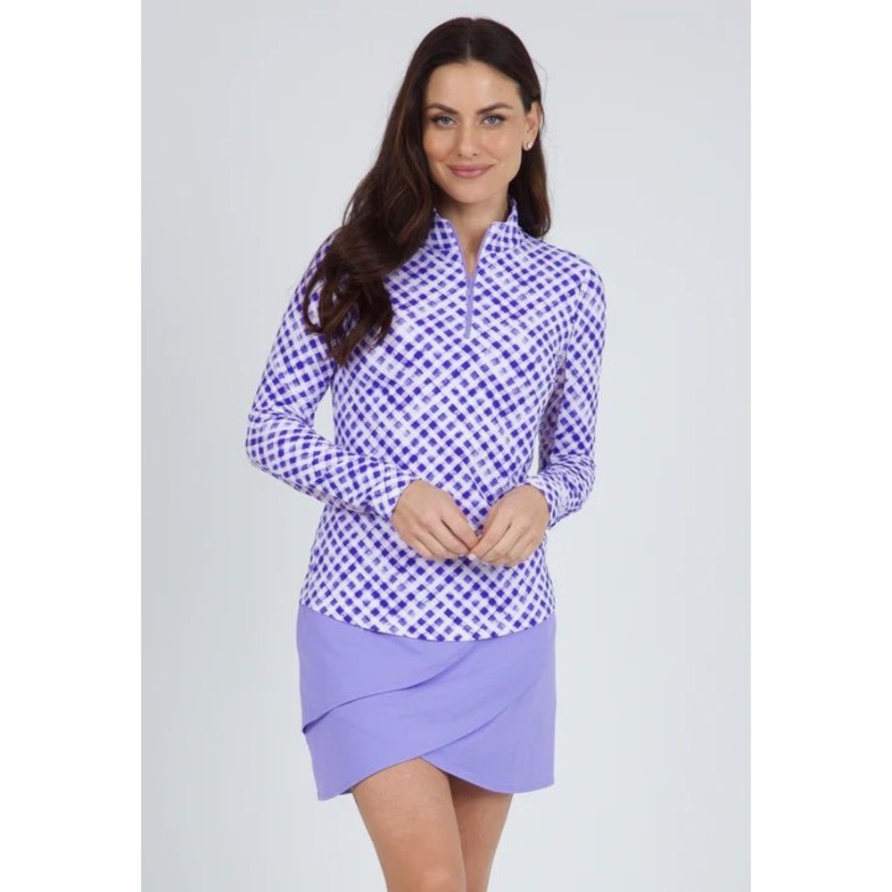IBKUL Gingham Mock Neck Quarter Zip Pullover Active Golf Shirt Purple Large